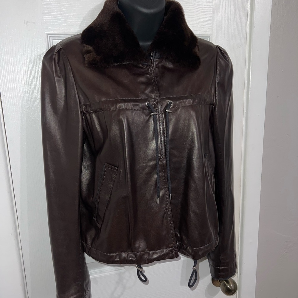 Rivamonti Brown Leather Jacket with Plush Fur Collar